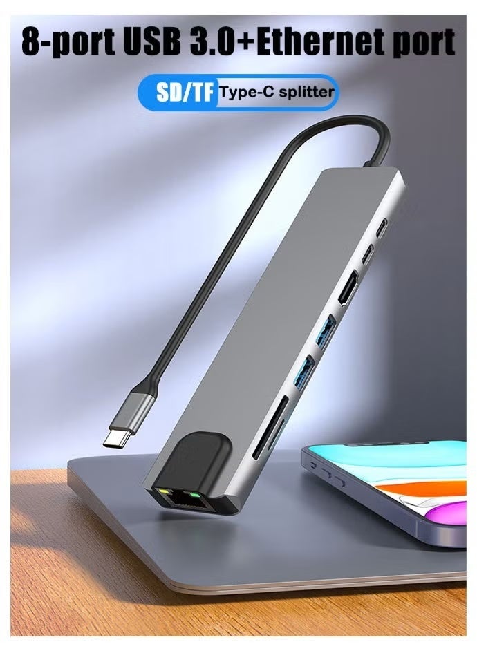 جيكومو محول USB-C متعدد المنافذ 8 في 1 بدقة 4K30Hz | منفذ شبكة، USB 3.0، قارئ بطاقات SD، شحن PD سريع | محول Type-C متعدد المنافذ هذا الموسع متعدد المنافذ مناسب لأجهزة الكمبيوتر المحمول وأجهزة الكمبيوتر المكتبي وPS5 والفأرات ولوحات المفاتيح ومحركات أقراص USB والطابعات. - Image 2