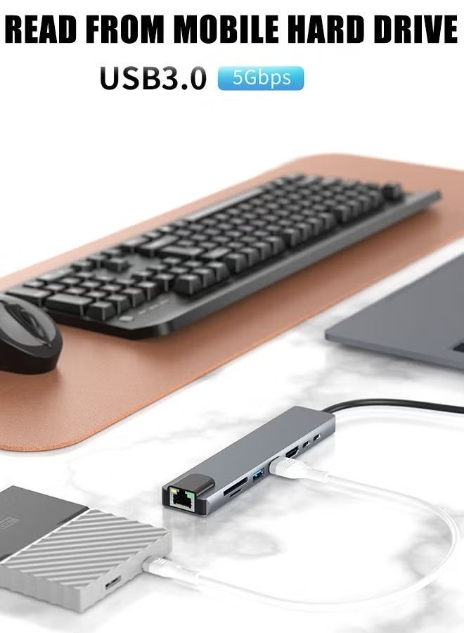 جيكومو محول USB-C متعدد المنافذ 8 في 1 بدقة 4K30Hz | منفذ شبكة، USB 3.0، قارئ بطاقات SD، شحن PD سريع | محول Type-C متعدد المنافذ هذا الموسع متعدد المنافذ مناسب لأجهزة الكمبيوتر المحمول وأجهزة الكمبيوتر المكتبي وPS5 والفأرات ولوحات المفاتيح ومحركات أقراص USB والطابعات. - Image 5
