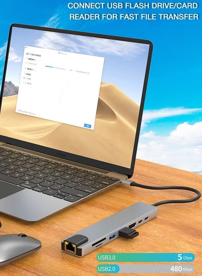 جيكومو محول USB-C متعدد المنافذ 8 في 1 بدقة 4K30Hz | منفذ شبكة، USB 3.0، قارئ بطاقات SD، شحن PD سريع | محول Type-C متعدد المنافذ هذا الموسع متعدد المنافذ مناسب لأجهزة الكمبيوتر المحمول وأجهزة الكمبيوتر المكتبي وPS5 والفأرات ولوحات المفاتيح ومحركات أقراص USB والطابعات. - Image 3