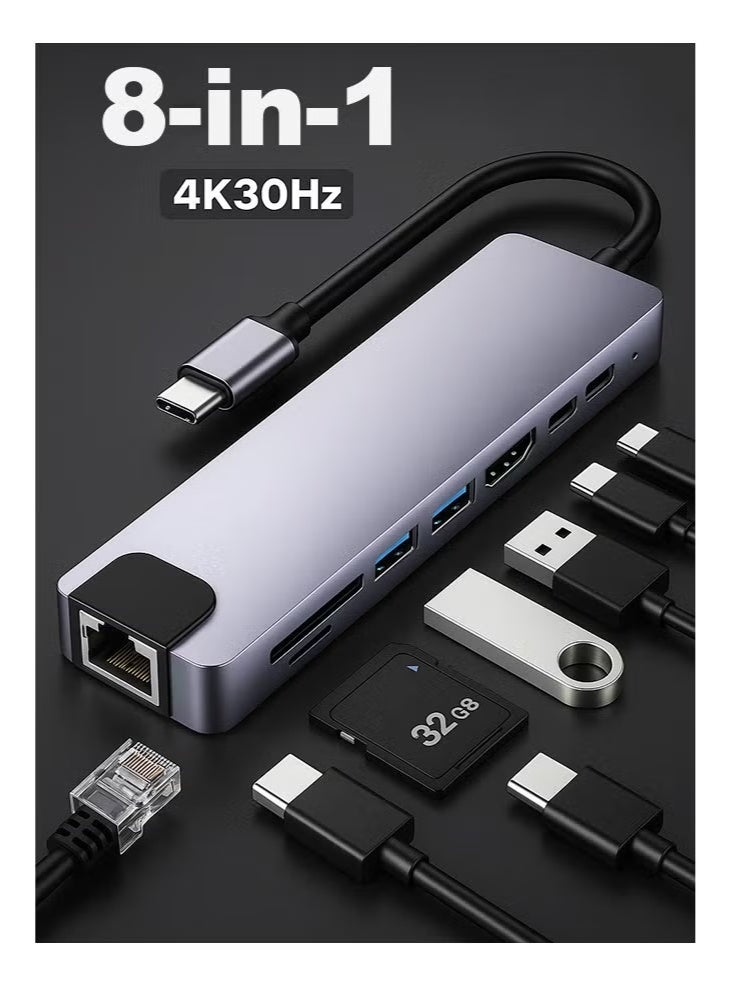 جيكومو محول USB-C متعدد المنافذ 8 في 1 بدقة 4K30Hz | منفذ شبكة، USB 3.0، قارئ بطاقات SD، شحن PD سريع | محول Type-C متعدد المنافذ هذا الموسع متعدد المنافذ مناسب لأجهزة الكمبيوتر المحمول وأجهزة الكمبيوتر المكتبي وPS5 والفأرات ولوحات المفاتيح ومحركات أقراص USB والطابعات. - Image 1