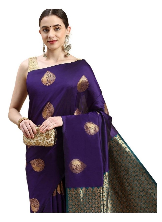 AMIRAT Women's Soft Litchi Silk Banarasi Saree and Unstitched Blouse Piece with Copper Zari | Sari for Wedding | Purple - Image 1