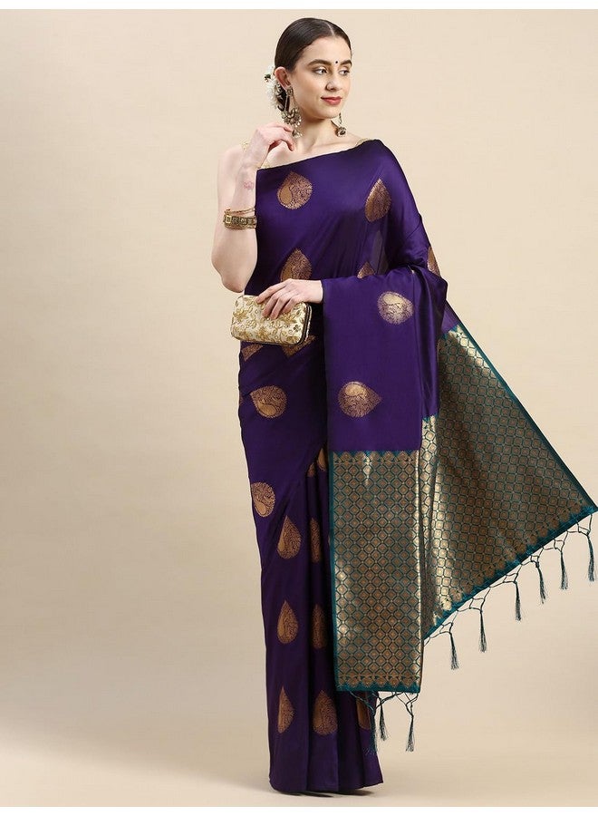 AMIRAT Women's Soft Litchi Silk Banarasi Saree and Unstitched Blouse Piece with Copper Zari | Sari for Wedding | Purple - Image 2