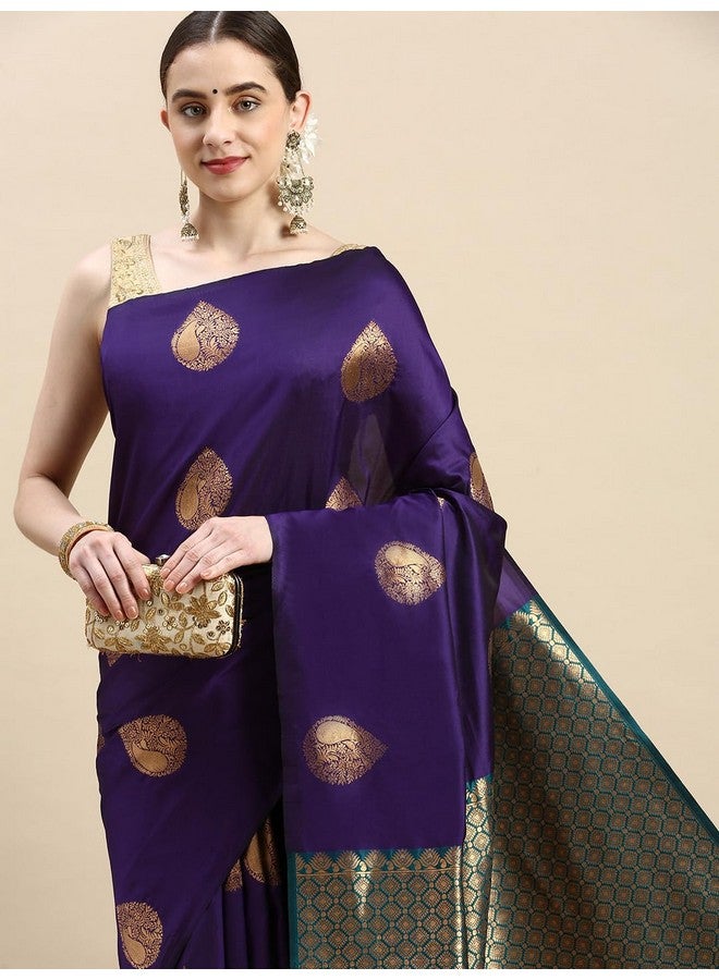 AMIRAT Women's Soft Litchi Silk Banarasi Saree and Unstitched Blouse Piece with Copper Zari | Sari for Wedding | Purple - Image 3