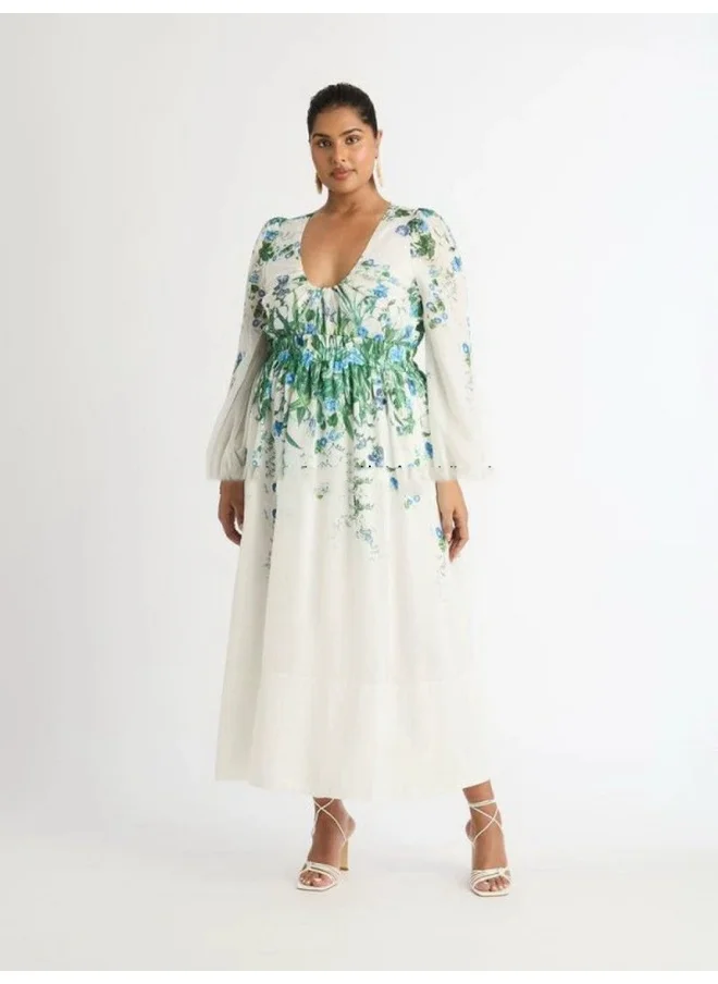 Madam Uniq Elegant Floral U-Neck Lantern Sleeve Maxi Dress