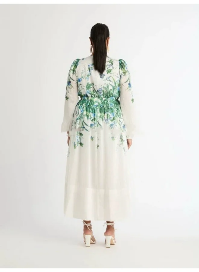 Madam Uniq Elegant Floral U-Neck Lantern Sleeve Maxi Dress
