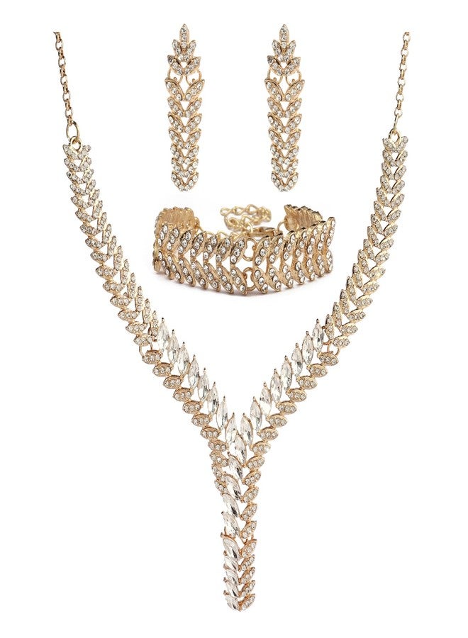 Hapibuy Crystal Necklace Earrings Bracelet Bridal Wedding Jewelry Set Rhinestone Necklace For Brides Bridesmaid Gold Prom Party Accessory Jewelry Set - Image 1