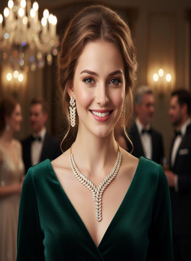 Hapibuy Crystal Necklace Earrings Bracelet Bridal Wedding Jewelry Set Rhinestone Necklace For Brides Bridesmaid Gold Prom Party Accessory Jewelry Set - Image 2