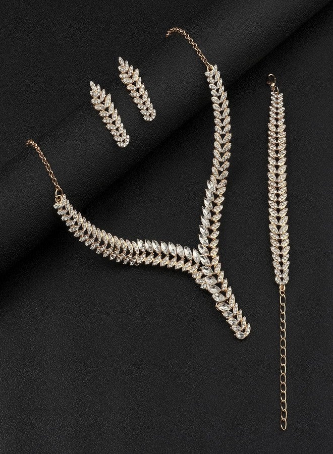 Hapibuy Crystal Necklace Earrings Bracelet Bridal Wedding Jewelry Set Rhinestone Necklace For Brides Bridesmaid Gold Prom Party Accessory Jewelry Set - Image 4