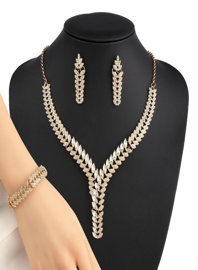 Hapibuy Crystal Necklace Earrings Bracelet Bridal Wedding Jewelry Set Rhinestone Necklace For Brides Bridesmaid Gold Prom Party Accessory Jewelry Set - Image 3