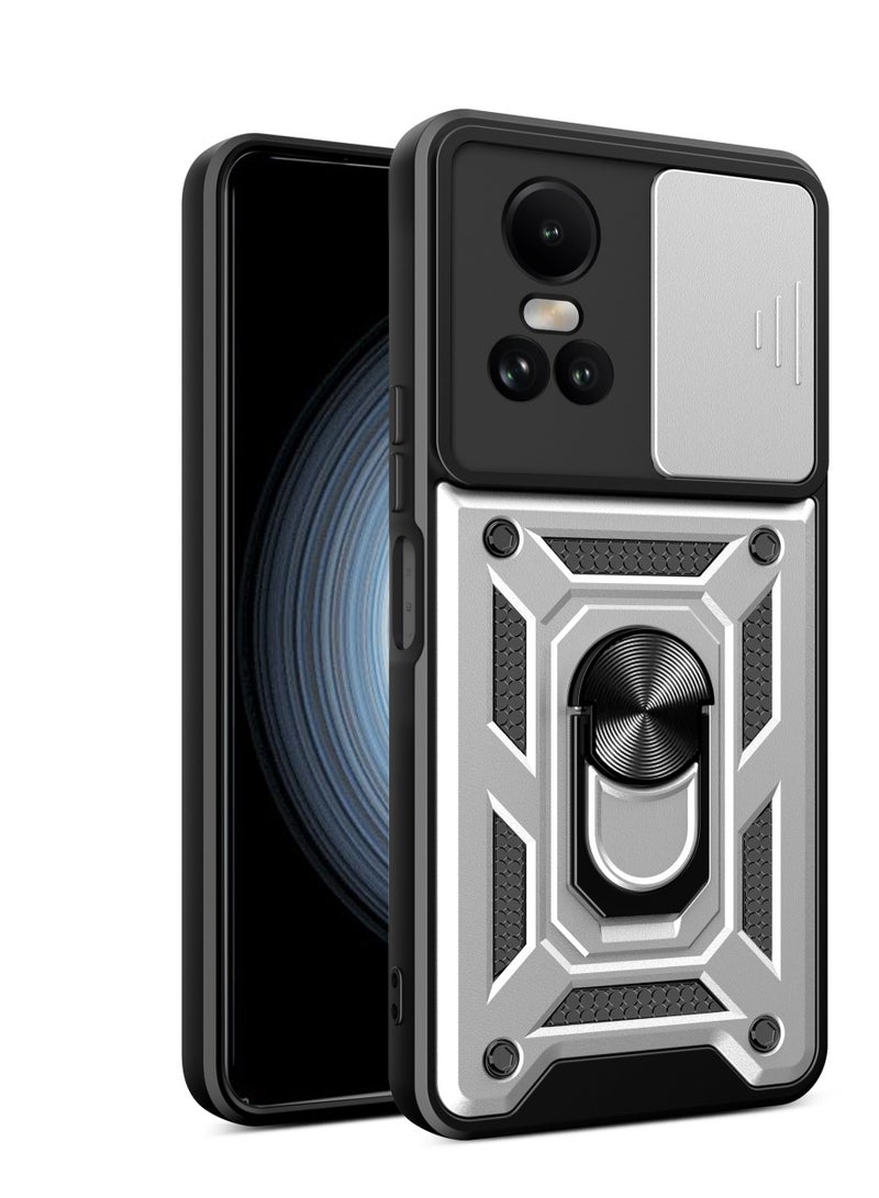 Case Cover Shockproof Window Protective Case with Camera Protection and Metal Ring Compatible with   Oppo Reno 10 / Reno 10 Pro (Silver)