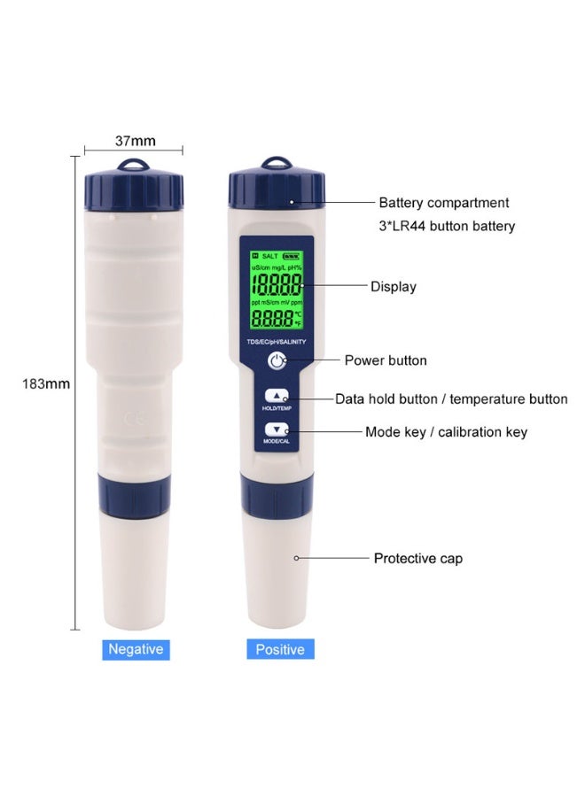 قلم منزلي متعدد الوظائف لفحص جودة المياه (5 في 1) | قياس الأس الهيدروجيني والمواد الصلبة الذاتية والتوصيل الكهربائي والملوحة ودرجة الحرارة | مقاوم للمياه IP67 مع مجس قابل للتبديل ومعايرة تلقائية ثلاثية النقاط بحقيبة مسحوق | مناسب للاستخدام المنزلي وأحواض الأسماك والمسابح ومياه الشرب - Image 5