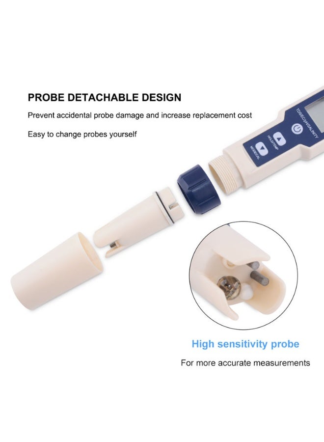قلم منزلي متعدد الوظائف لفحص جودة المياه (5 في 1) | قياس الأس الهيدروجيني والمواد الصلبة الذاتية والتوصيل الكهربائي والملوحة ودرجة الحرارة | مقاوم للمياه IP67 مع مجس قابل للتبديل ومعايرة تلقائية ثلاثية النقاط بحقيبة مسحوق | مناسب للاستخدام المنزلي وأحواض الأسماك والمسابح ومياه الشرب - Image 3