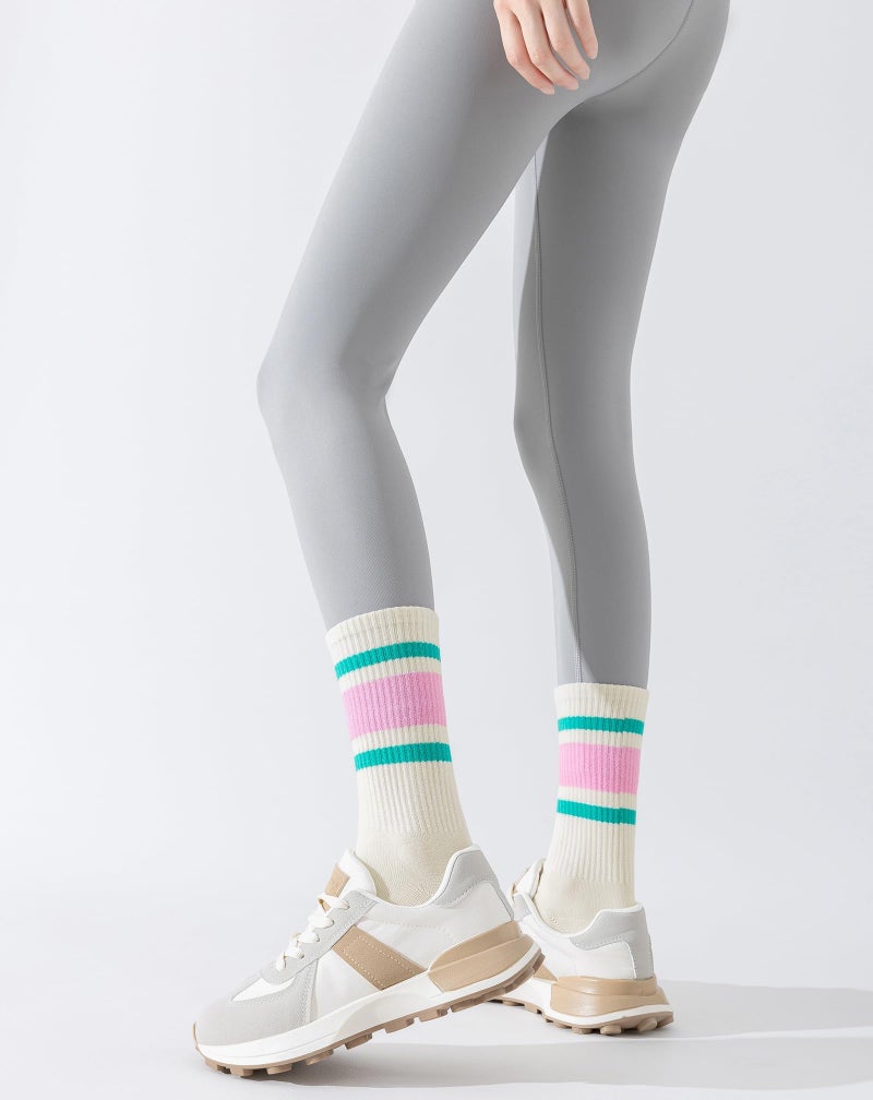 Yawlsow 3 Pairs Pilates Grip Socks for Women Yoga Grippy Striped Retro Crew Socks Non Slip Sticky Barre Sock with Grippers (US, Alpha, One Size, Regular, Regular, All Pink + Pink + All Green) - Image 5