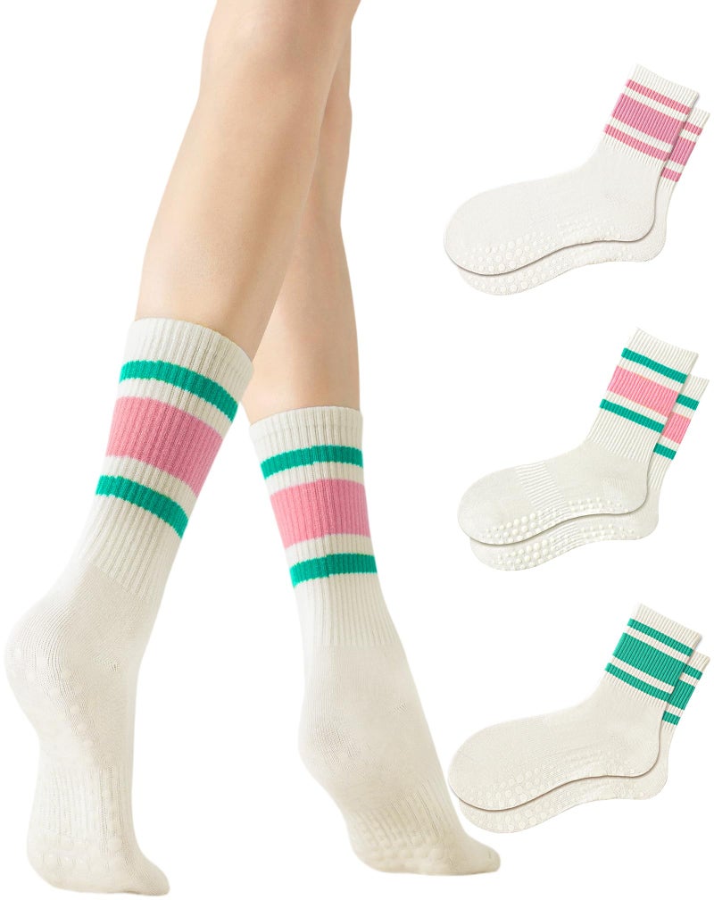 Yawlsow 3 Pairs Pilates Grip Socks for Women Yoga Grippy Striped Retro Crew Socks Non Slip Sticky Barre Sock with Grippers (US, Alpha, One Size, Regular, Regular, All Pink + Pink + All Green) - Image 1