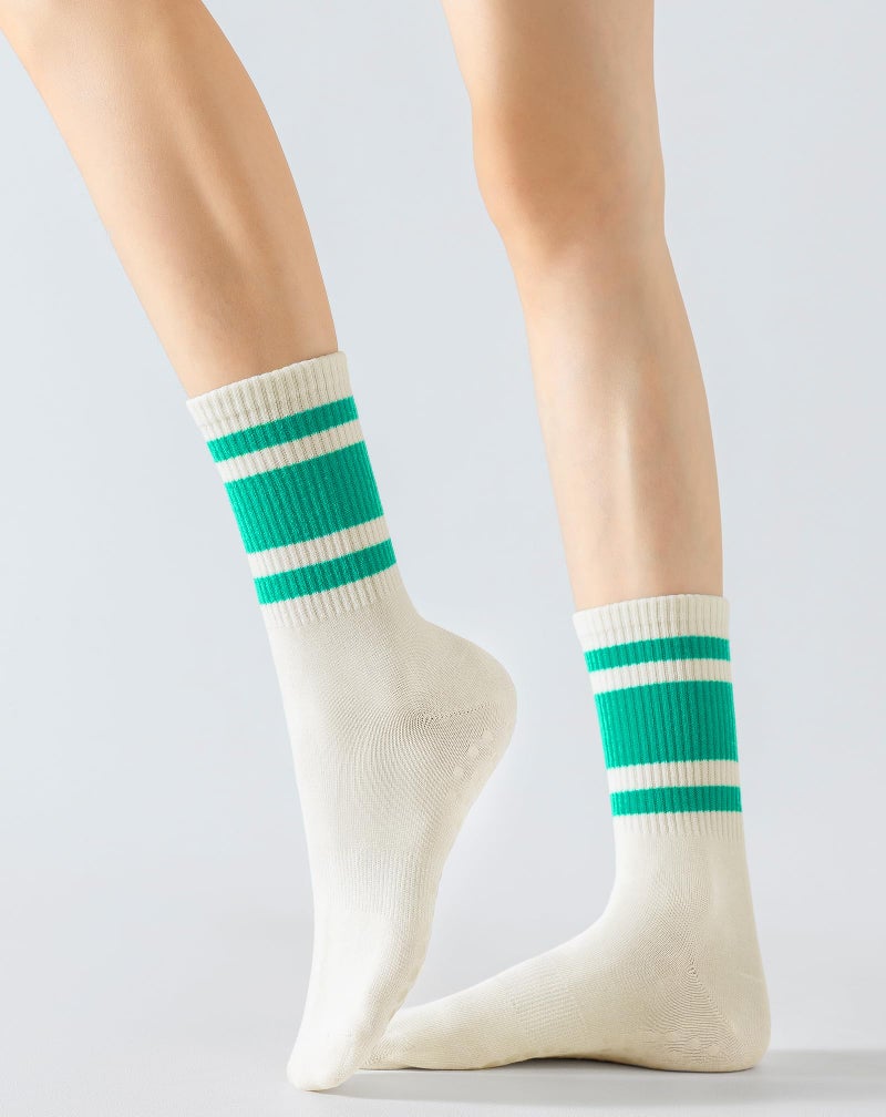 Yawlsow 3 Pairs Pilates Grip Socks for Women Yoga Grippy Striped Retro Crew Socks Non Slip Sticky Barre Sock with Grippers (US, Alpha, One Size, Regular, Regular, All Pink + Pink + All Green) - Image 3