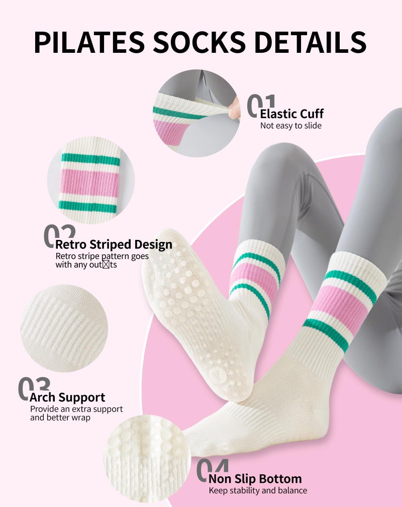 Yawlsow 3 Pairs Pilates Grip Socks for Women Yoga Grippy Striped Retro Crew Socks Non Slip Sticky Barre Sock with Grippers (US, Alpha, One Size, Regular, Regular, All Pink + Pink + All Green) - Image 4
