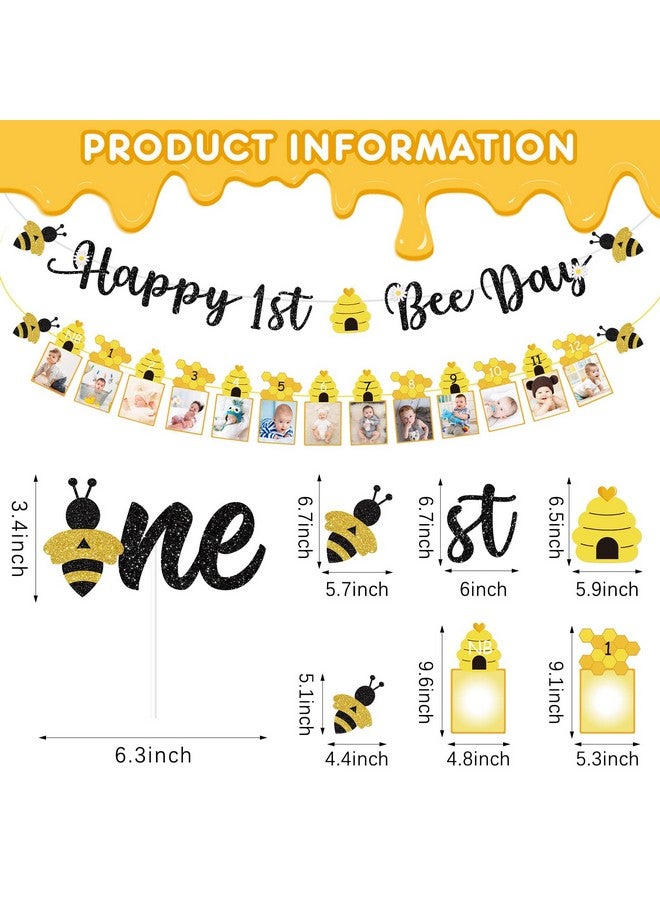 Chinco 3 Pcs Happy 1st Bee Day Party Decorations, Bumble Honey Bee 1st Birthday Baby Photo Banner and Cake Topper, Bee Decorations Bee Birthday Party Decorations Bee Cake Decorations for Boys Girls Newborn - Image 2