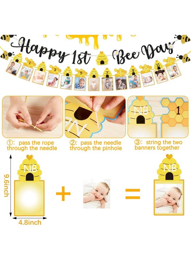 Chinco 3 Pcs Happy 1st Bee Day Party Decorations, Bumble Honey Bee 1st Birthday Baby Photo Banner and Cake Topper, Bee Decorations Bee Birthday Party Decorations Bee Cake Decorations for Boys Girls Newborn - Image 3