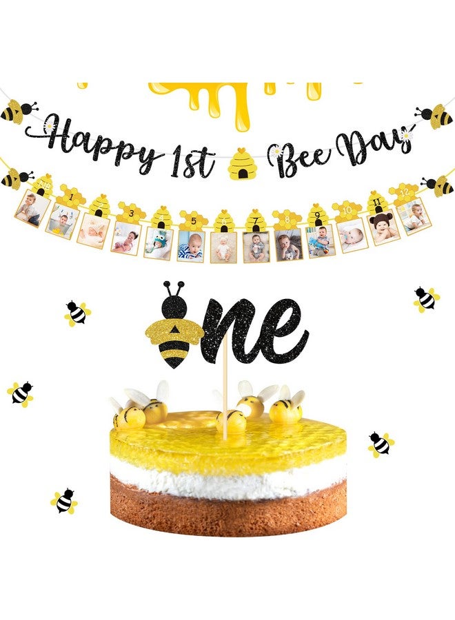 Chinco 3 Pcs Happy 1st Bee Day Party Decorations, Bumble Honey Bee 1st Birthday Baby Photo Banner and Cake Topper, Bee Decorations Bee Birthday Party Decorations Bee Cake Decorations for Boys Girls Newborn - Image 1
