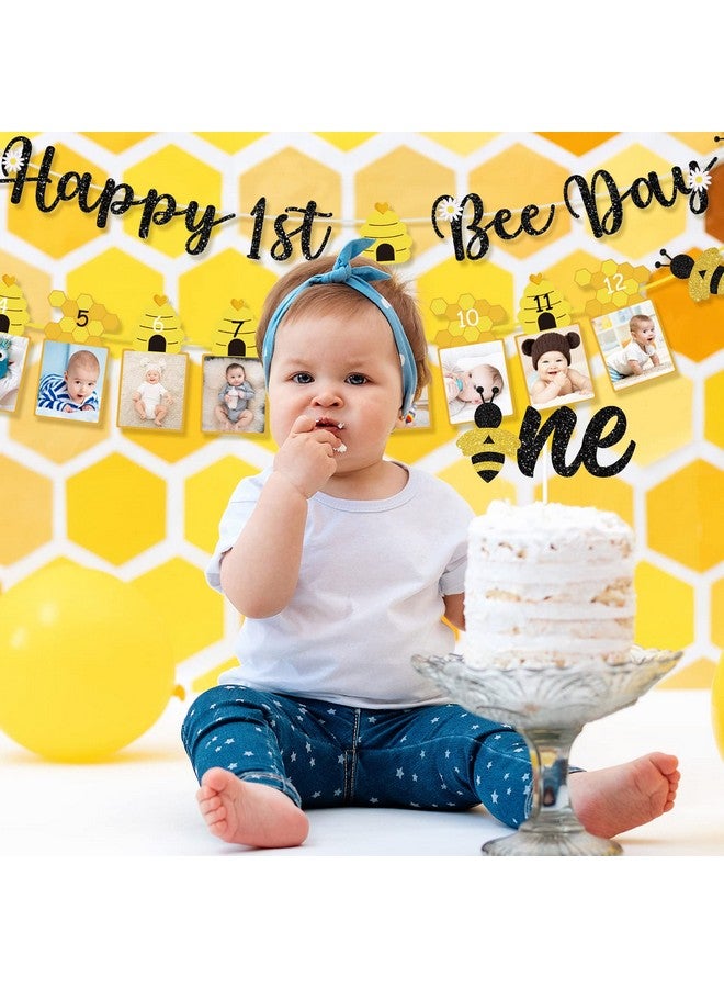 Chinco 3 Pcs Happy 1st Bee Day Party Decorations, Bumble Honey Bee 1st Birthday Baby Photo Banner and Cake Topper, Bee Decorations Bee Birthday Party Decorations Bee Cake Decorations for Boys Girls Newborn - Image 4