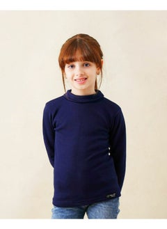 High Cool Basic Children's T-Shirt for Boys and Girls, Winter, High Neck and Long Sleeves, Wool Lined with Pillow, Navy