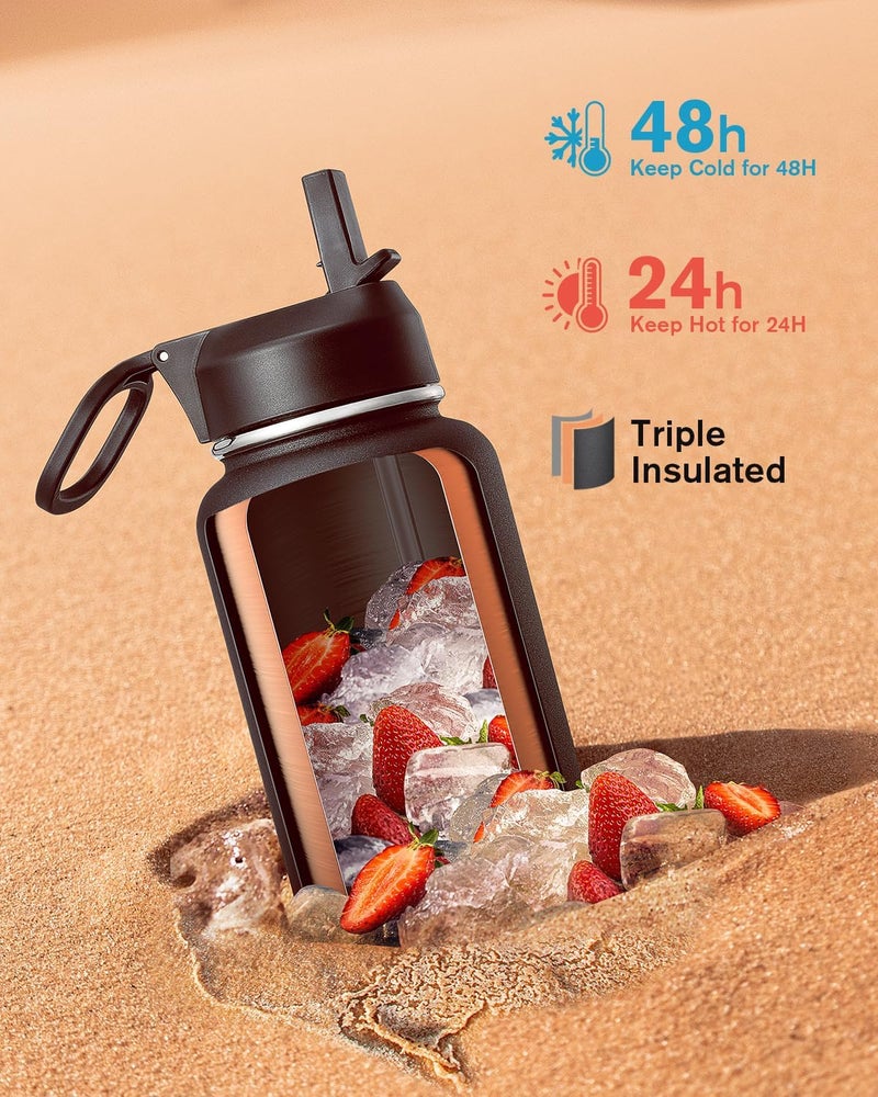 Coolflask Water Bottle 1.2 L Insulated with Straw&Brush, Vaccum Stainless Steel Metal 3 Lids Water Flask for Sports, Gym or Office, Keep Cold 48H Hot 24H, Magic Black - Image 2