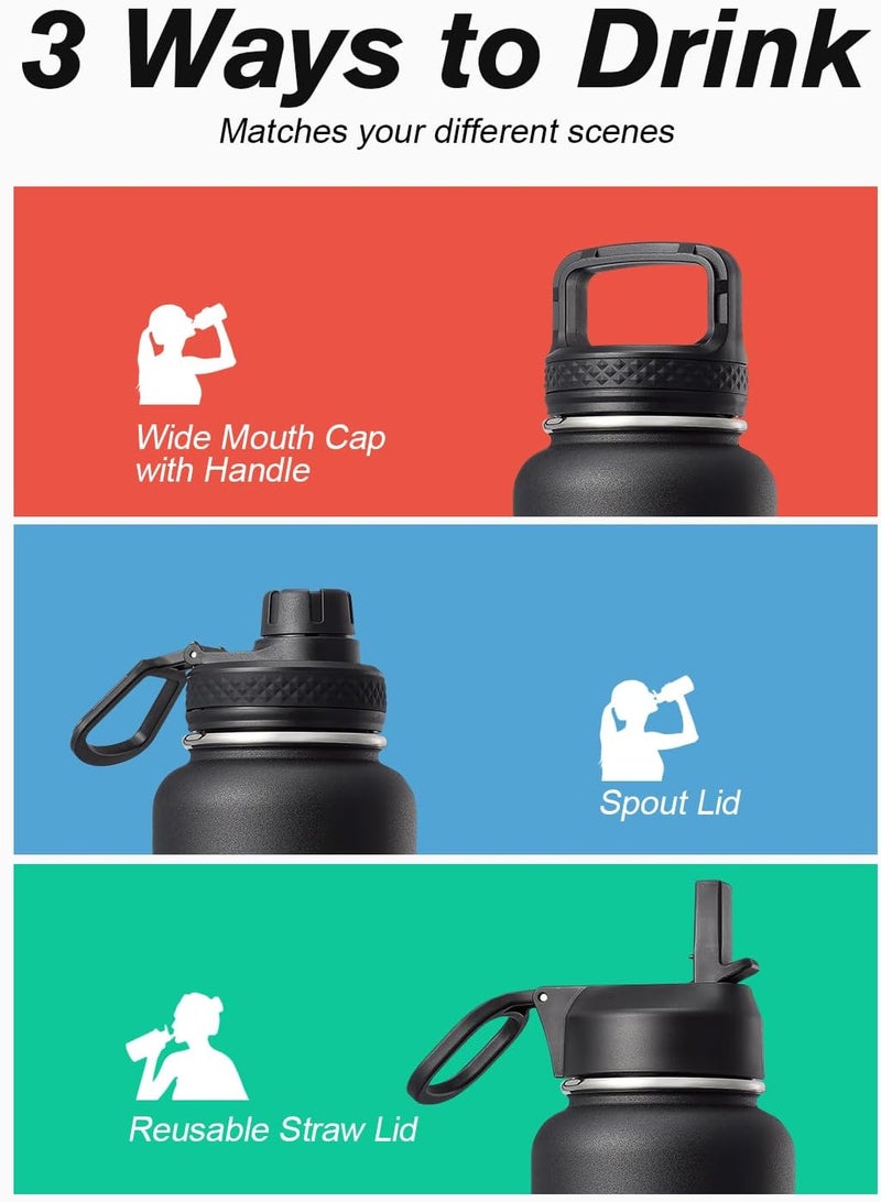 Coolflask Water Bottle 1.2 L Insulated with Straw&Brush, Vaccum Stainless Steel Metal 3 Lids Water Flask for Sports, Gym or Office, Keep Cold 48H Hot 24H, Magic Black - Image 5