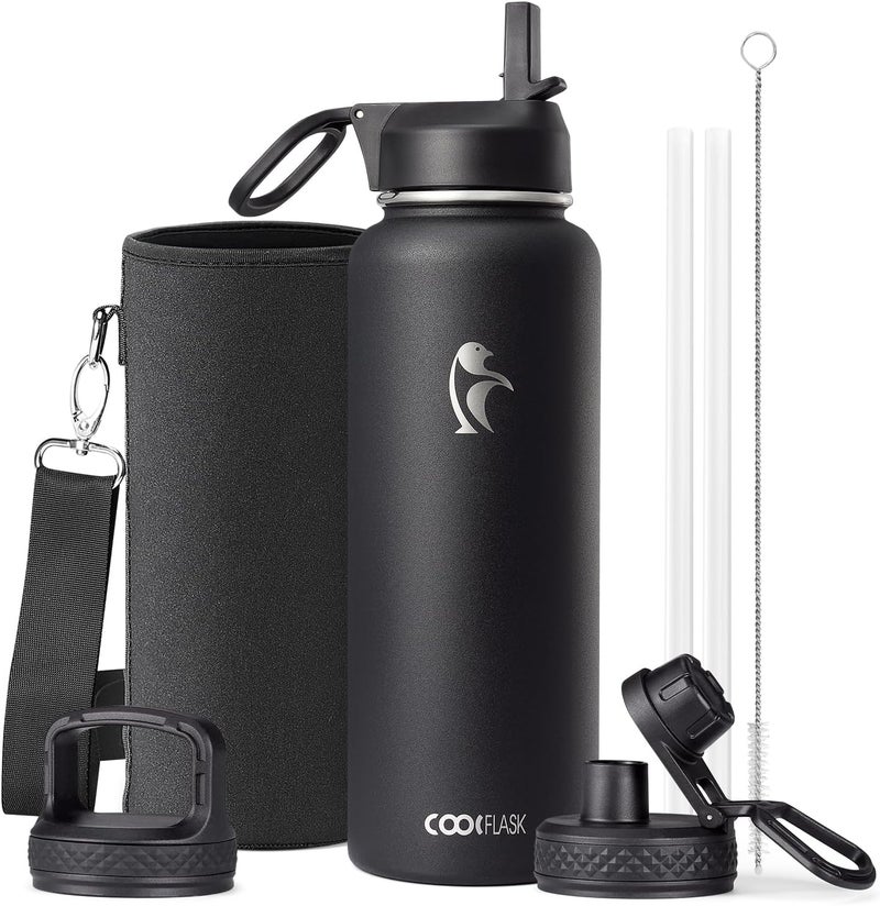 Coolflask Water Bottle 1.2 L Insulated with Straw&Brush, Vaccum Stainless Steel Metal 3 Lids Water Flask for Sports, Gym or Office, Keep Cold 48H Hot 24H, Magic Black - Image 1