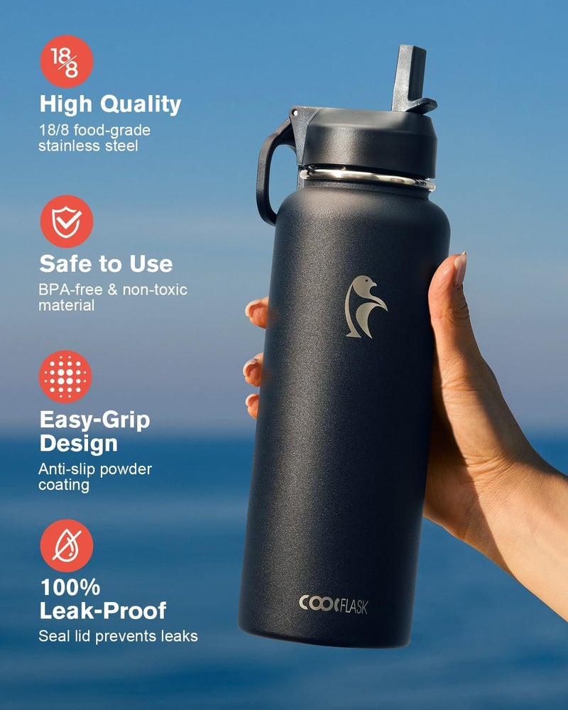 Coolflask Water Bottle 1.2 L Insulated with Straw&Brush, Vaccum Stainless Steel Metal 3 Lids Water Flask for Sports, Gym or Office, Keep Cold 48H Hot 24H, Magic Black - Image 3