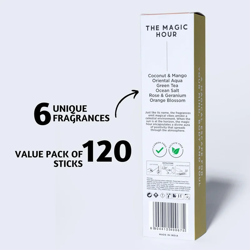 Folkulture Folkulture Incense Sticks - Set of 6 Incenses (120 Incence Sticks) for Positive Aura - Coconut Mango, Oriental Aqua, Green Tea, Ocean Salt, Rose Geranium, Orange Blossom, Boho Gift Set, Magic Hour