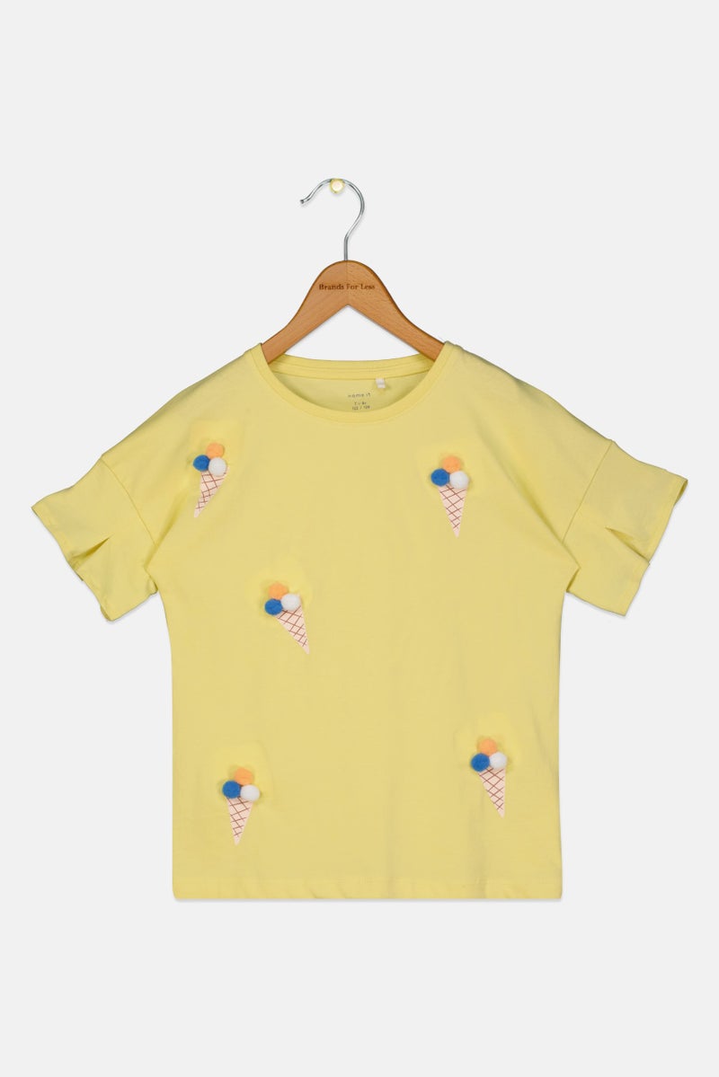 NAME IT بلوزة قصيرة الأكمام مطرزة للبنات، صفراء - Image 2