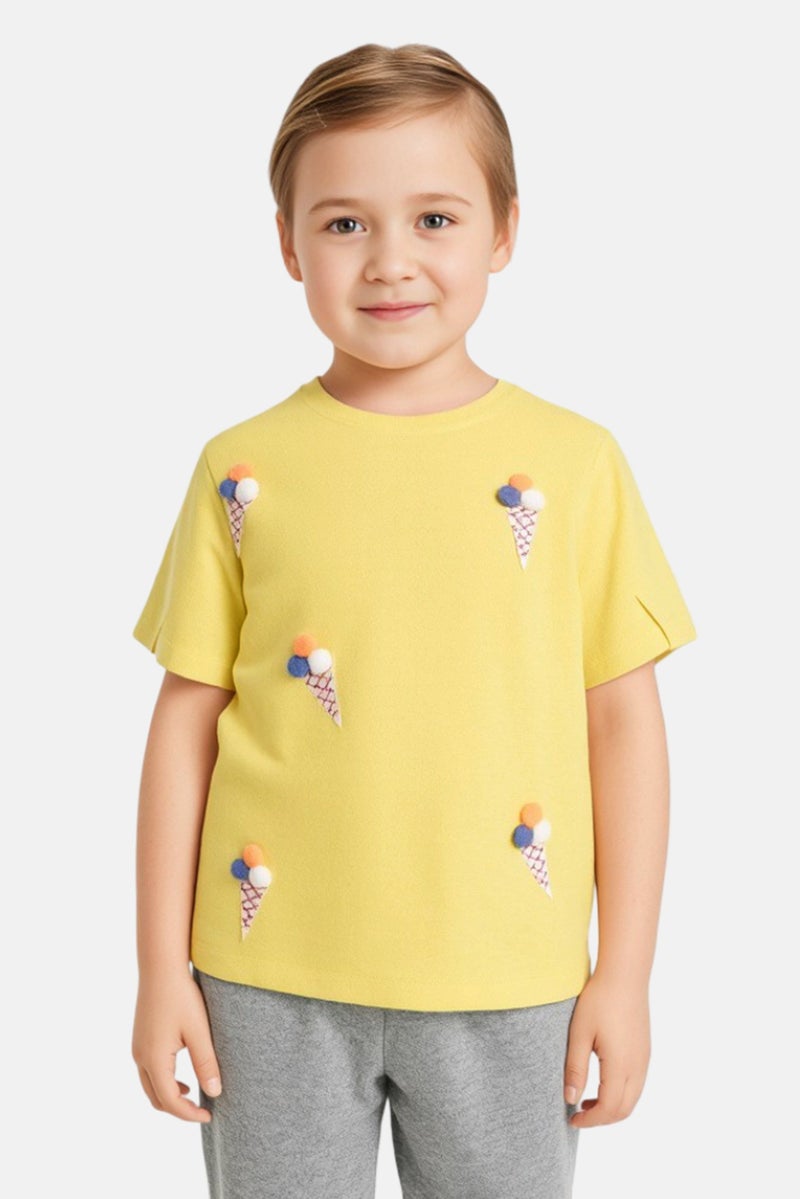 NAME IT بلوزة قصيرة الأكمام مطرزة للبنات، صفراء - Image 1