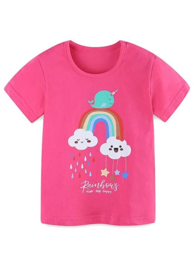 يونيكي Pink Crew Neck Short Sleeve Printed Top