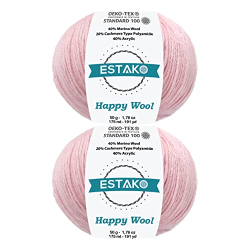 Estako Happy Wool (2 Skeins Pack) 40% Merino Wool 20% Cashmere Type Polyamide 40% Acyrlic Fingering Weight Soft Knitting and Crochet Yarn (2 x 1.76 oz) (2 x 191 yds) (8036 - Baby Pink) - Image 1