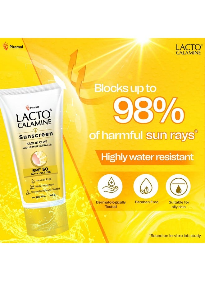 Lacto Calamine - Sunscreen Spf 50 | 100G | Pa +++ Sunscreen For Oily Skin | Uva Uvb Sunscreen | Water Resistant & No White Cast | With Kaolin Clay Vitamin E & Lemon Extracts | Paraben Free (100 G) - Image 1