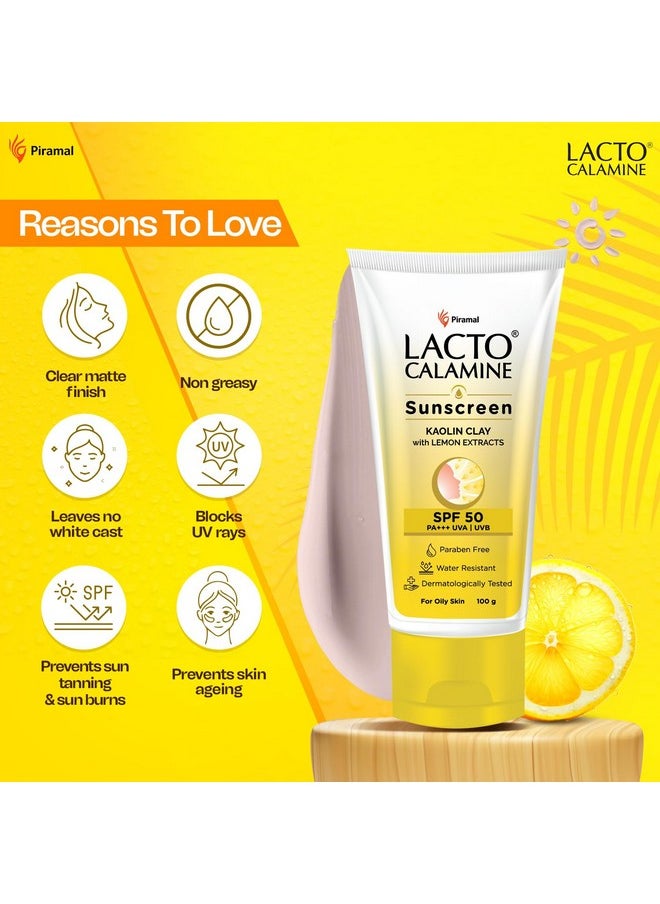 Lacto Calamine - Sunscreen Spf 50 | 100G | Pa +++ Sunscreen For Oily Skin | Uva Uvb Sunscreen | Water Resistant & No White Cast | With Kaolin Clay Vitamin E & Lemon Extracts | Paraben Free (100 G) - Image 1