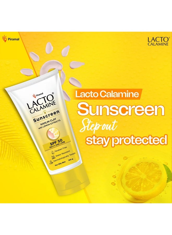 Lacto Calamine - Sunscreen Spf 50 | 100G | Pa +++ Sunscreen For Oily Skin | Uva Uvb Sunscreen | Water Resistant & No White Cast | With Kaolin Clay Vitamin E & Lemon Extracts | Paraben Free (100 G) - Image 1