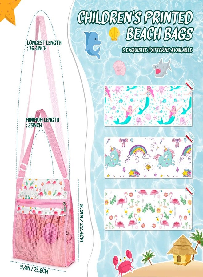 كوم 3 قطع من ألعاب الشاطئ حقيبة شاطئ شبكية للأطفال حقيبة لجمع الأصداف حقيبة صدف البحر حقيبة ألعاب رمل الشاطئ للأطفال لقضاء عطلة الصيف حقائب صدفية على شكل طائر الفلامنغو وحورية البحر ووحيد القرن مع أحزمة حمل قابلة للتعديل وسحاب - Image 5