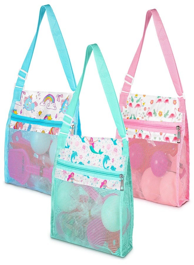 كوم 3 قطع من ألعاب الشاطئ حقيبة شاطئ شبكية للأطفال حقيبة لجمع الأصداف حقيبة صدف البحر حقيبة ألعاب رمل الشاطئ للأطفال لقضاء عطلة الصيف حقائب صدفية على شكل طائر الفلامنغو وحورية البحر ووحيد القرن مع أحزمة حمل قابلة للتعديل وسحاب - Image 1