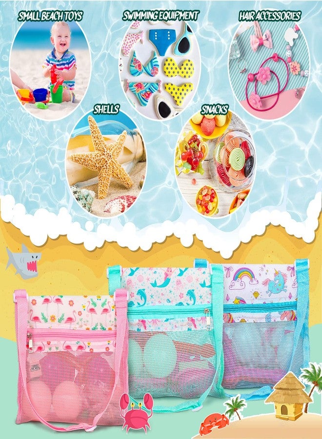 كوم 3 قطع من ألعاب الشاطئ حقيبة شاطئ شبكية للأطفال حقيبة لجمع الأصداف حقيبة صدف البحر حقيبة ألعاب رمل الشاطئ للأطفال لقضاء عطلة الصيف حقائب صدفية على شكل طائر الفلامنغو وحورية البحر ووحيد القرن مع أحزمة حمل قابلة للتعديل وسحاب - Image 3
