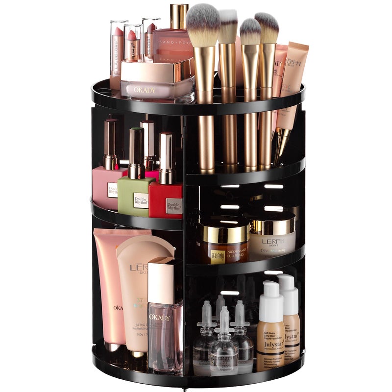 Masirs 360 Rotating Makeup Organizer - Adjustable Shelf Height and Fully Rotatable. The Perfect Cosmetic Organizer for Bedroom Dresser or Vanity Countertop. (Black) - Image 1