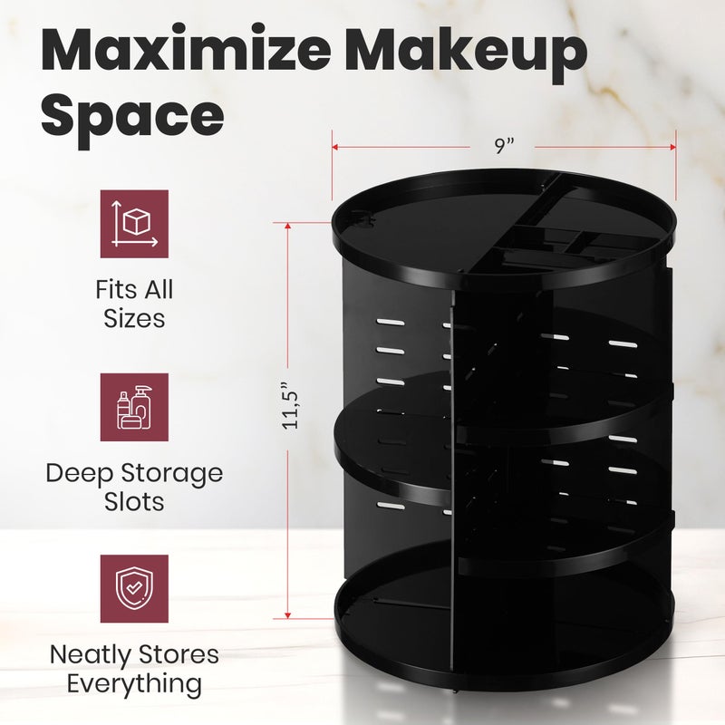 Masirs 360 Rotating Makeup Organizer - Adjustable Shelf Height and Fully Rotatable. The Perfect Cosmetic Organizer for Bedroom Dresser or Vanity Countertop. (Black) - Image 2