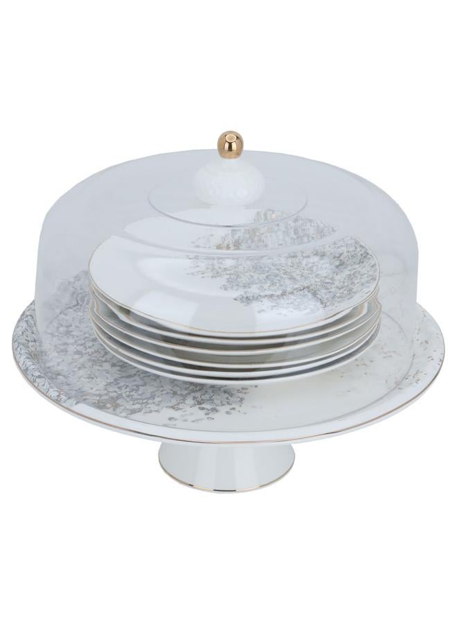 السيف  طقم تقديم الكيك من البورسلين 12.25 سم بنمط رمادي وذهبي 8 قطع باللون الأبيض - Image 1
