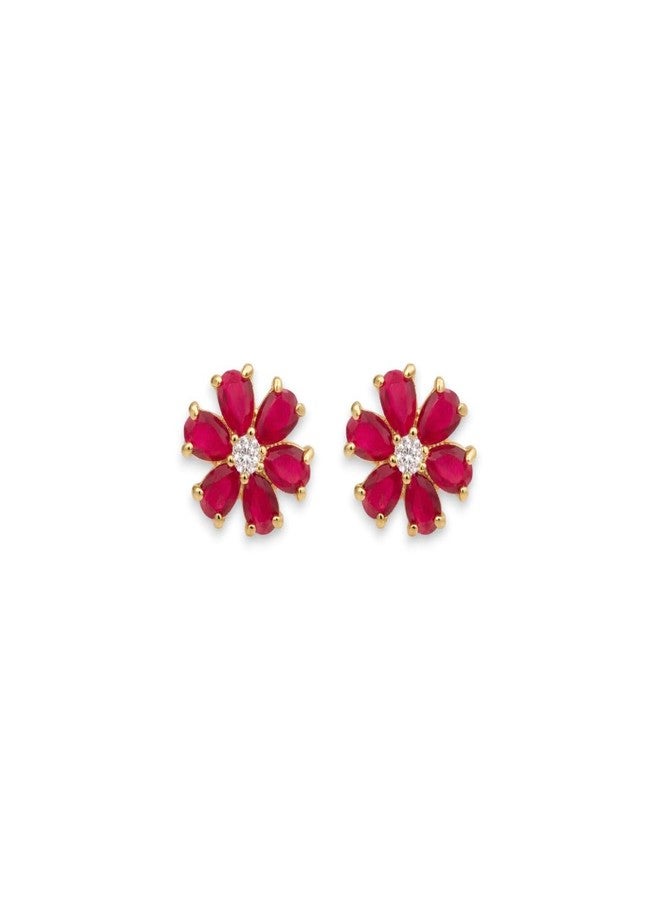 ACCESSHER Women & Girls Gold Tone Floral Pink Crystal Stud Earrings Trendy Ear Studs,Tops Earrings Fashion Accessories Jewellery For Birthday & Anniversary Gift - Image 1