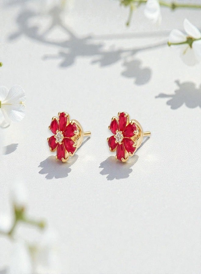 ACCESSHER Women & Girls Gold Tone Floral Pink Crystal Stud Earrings Trendy Ear Studs,Tops Earrings Fashion Accessories Jewellery For Birthday & Anniversary Gift - Image 3