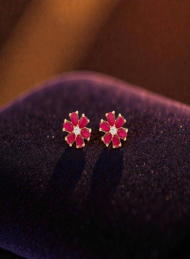 ACCESSHER Women & Girls Gold Tone Floral Pink Crystal Stud Earrings Trendy Ear Studs,Tops Earrings Fashion Accessories Jewellery For Birthday & Anniversary Gift - Image 4