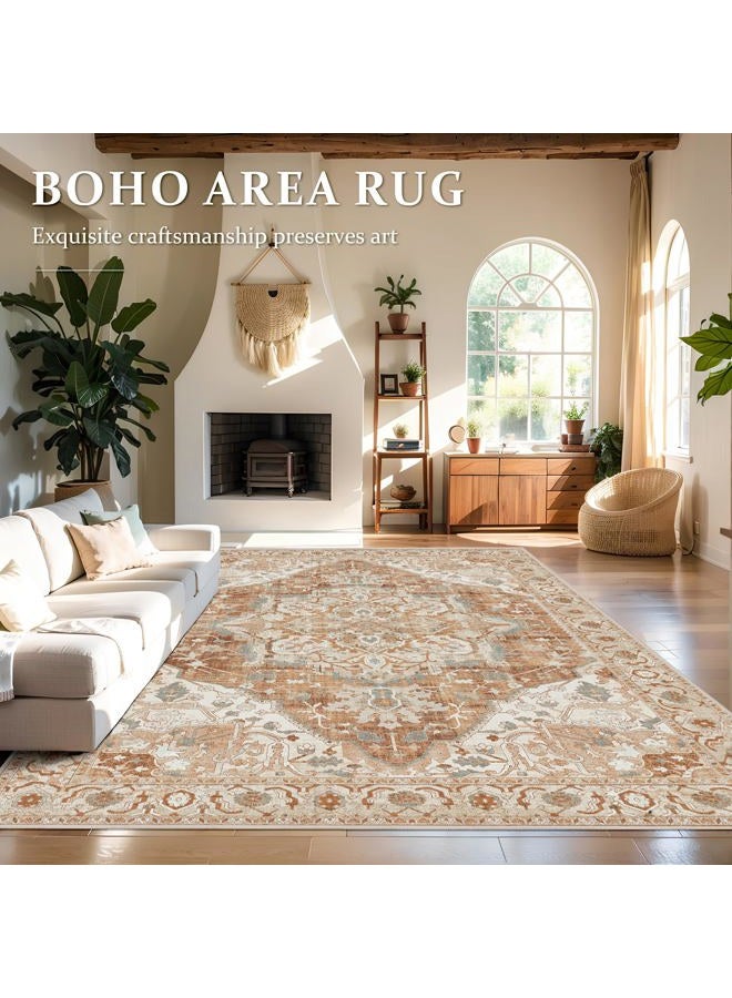 Deerly Large Washable Area Rug 8x10 for Living Room Bedroom Boho Vintage Oriental Rug for Dining Room Non-Slip Soft Low-Pile Farmhouse, Caramel/Beige/Multi - Image 3