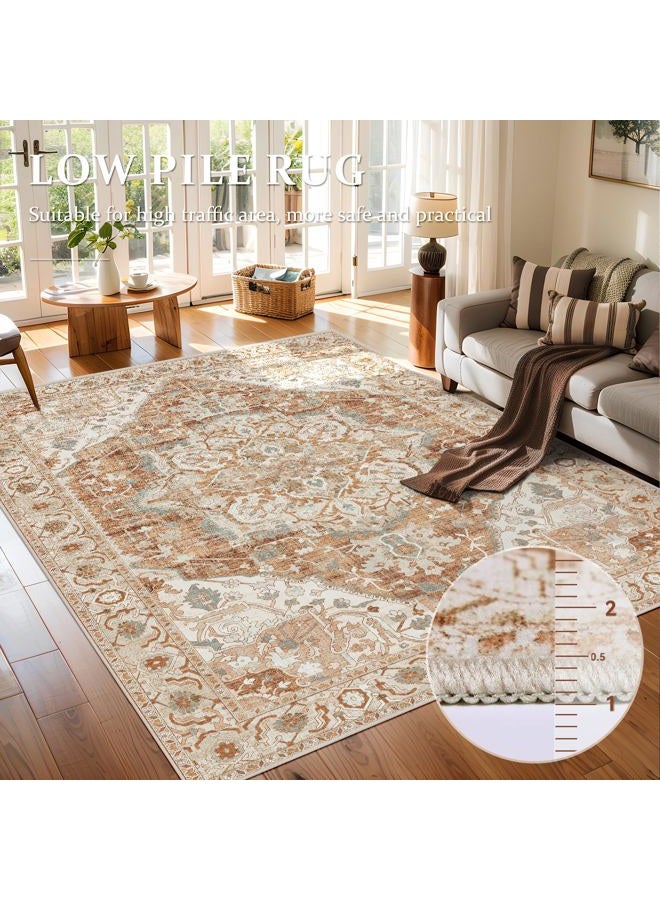 Deerly Large Washable Area Rug 8x10 for Living Room Bedroom Boho Vintage Oriental Rug for Dining Room Non-Slip Soft Low-Pile Farmhouse, Caramel/Beige/Multi - Image 5
