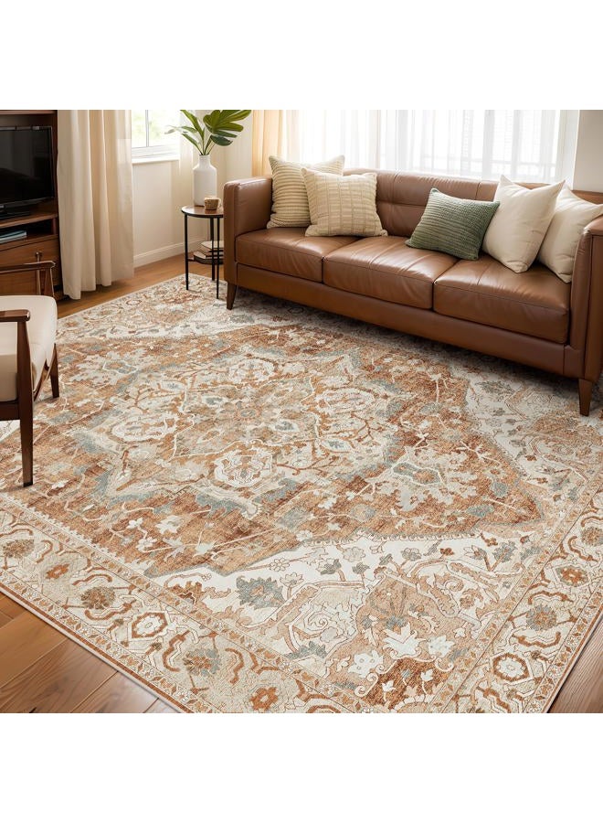 Deerly Large Washable Area Rug 8x10 for Living Room Bedroom Boho Vintage Oriental Rug for Dining Room Non-Slip Soft Low-Pile Farmhouse, Caramel/Beige/Multi - Image 1