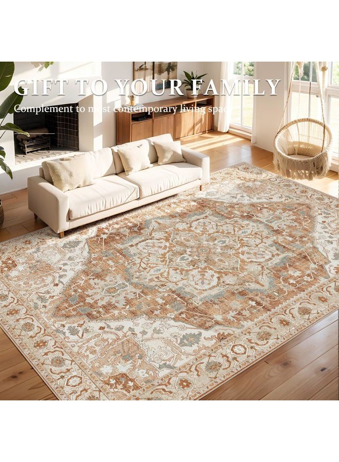 Deerly Large Washable Area Rug 8x10 for Living Room Bedroom Boho Vintage Oriental Rug for Dining Room Non-Slip Soft Low-Pile Farmhouse, Caramel/Beige/Multi - Image 4